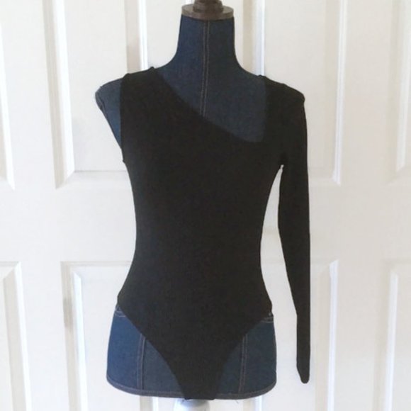 asos one shoulder one arm black ribbed bodysuit - Picture 8 of 16